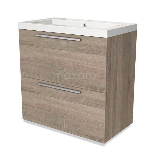 Houten badkamermeubel met twee lades, modern design, eikenlook, witte wastafel; ideaal voor stijlvolle badkamerruimte.