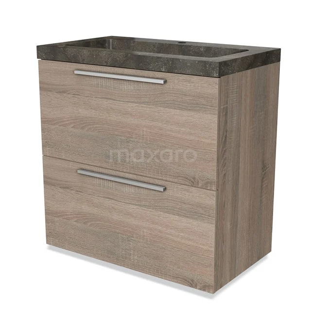 Houten badkamermeubel met twee laden, grijze stenen wastafelblad, modern design, ideaal voor opbergruimte in de badkamer.