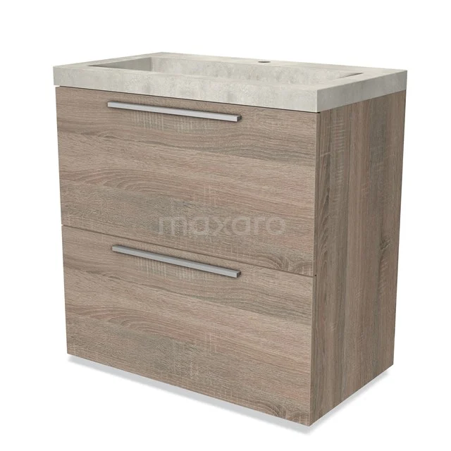 Houten badkamermeubel met betonlook wastafel, 2 lades en moderne grepen, ideaal voor stijlvolle en praktische badkameropslag.
