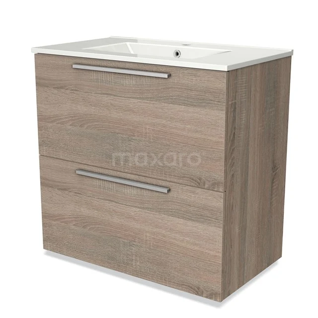 Wooden bathroom unit with basin, two spacious drawers and chrome handles, suitable for modern bathrooms.