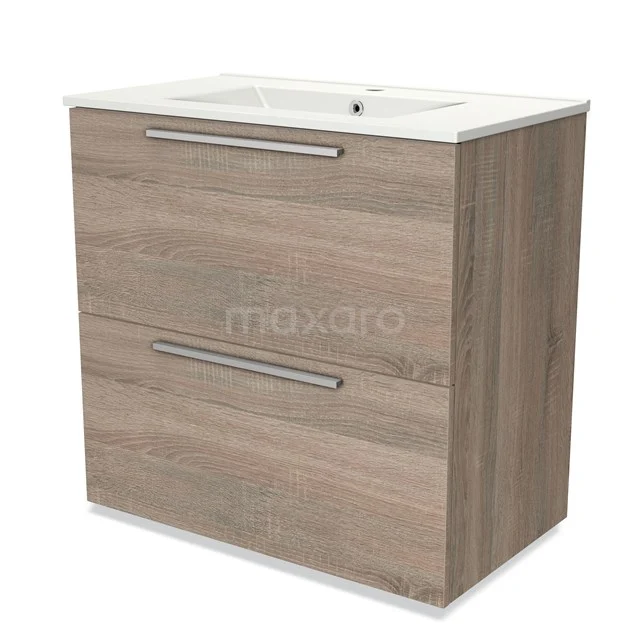 Houten badkamermeubel met twee lades, licht eiken finish, met geïntegreerde witte wastafel voor een moderne badkamerstijl.