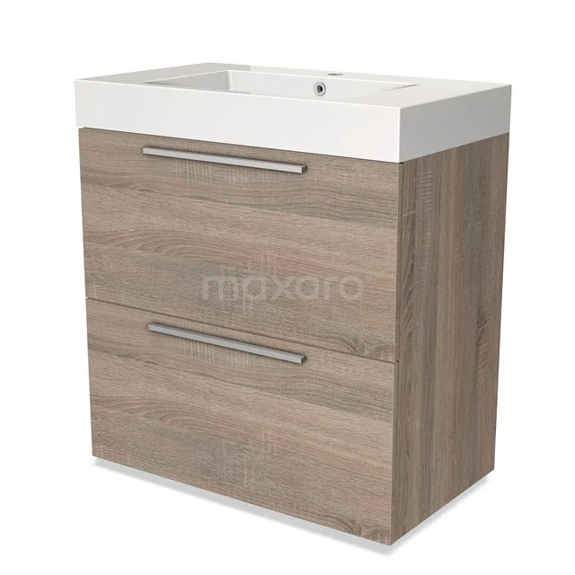 Holz Badezimmermöbel mit hellem Waschbecken, 2 Schubladen und modernen Haltegriffen. Geeignet für ein stilvolles und funktionales Badezimmer.