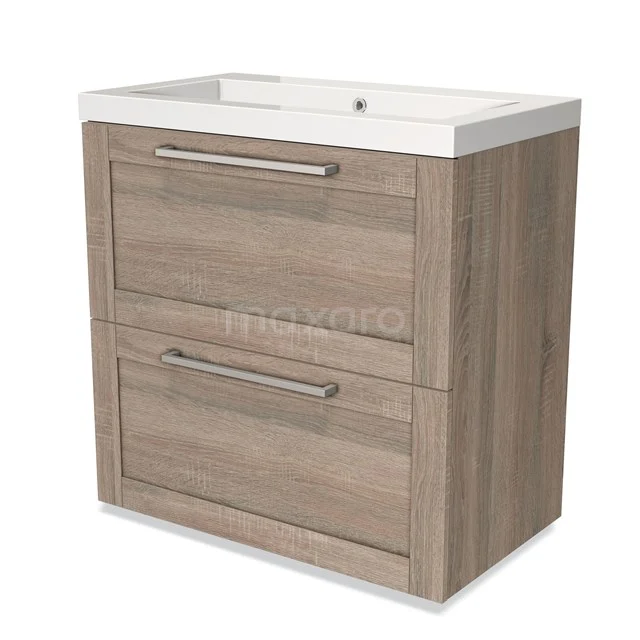 Modulo Vanity units with basin | 80 cm Oak Frame front Mineral marble 2 stacked drawers under each other BMW13-00306 Wooden bathroom unit with two drawers, white ceramic vanity units with basin and modern handles, ideal for a stylish bathroom.