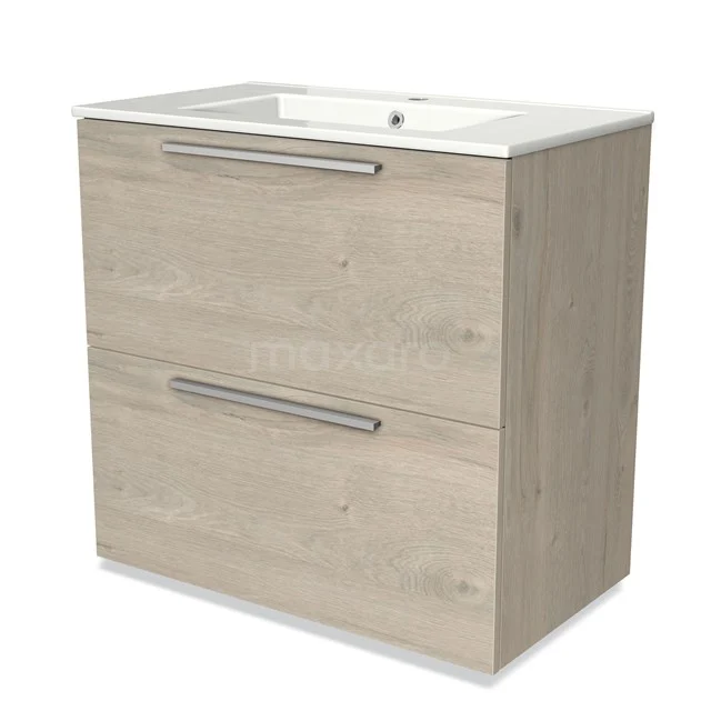 Houten badkamermeubel met twee lades en geïntegreerde wastafel, lichte eiken finish en modern design.