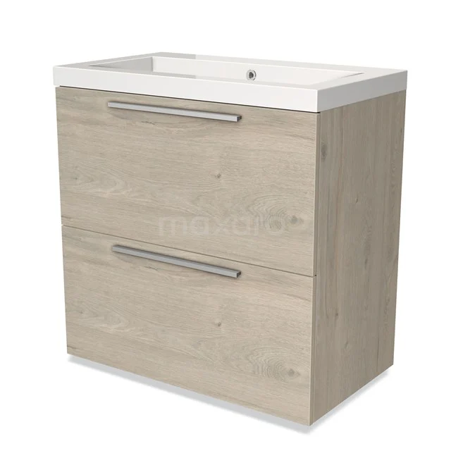 Houten badkamermeubel met wasbak, licht eiken, modern design, twee lades met zilverkleurige grepen.