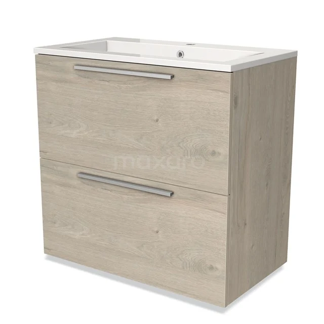 Houten badkamermeubel met twee lades, modern design, lichte eiken kleur, inclusief witte wastafel, ideaal voor opbergruimte.