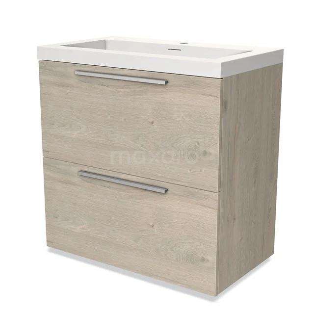 Houten badkamermeubel met twee lades, witte wastafel en metalen handgrepen, modern design, ideaal als compacte wastafeloplossing.