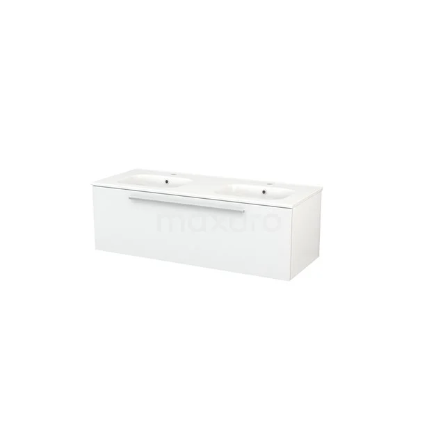 Modulo+ Vanity units with basin | 120 cm High-gloss white Flat front Ceramic 1 drawer BMP004270 White double basin with glass fronts, soft-close drawers and integrated handle, modern bathroom unit from the Elegance Series.