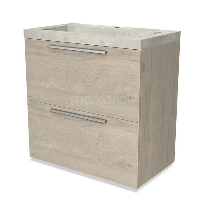 Wooden bathroom unit with two drawers and metal handles, light oak colour, including vanity units with basin with concrete-look finish.