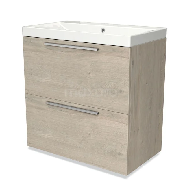 Wooden bathroom unit with two drawers and white vanity units with basin, modern design in light Oak look.
