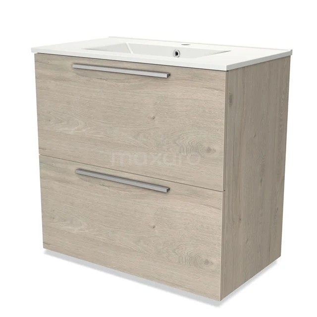 Wooden vanity units with basin, light oak look, sleek metal handles and two spacious drawers.