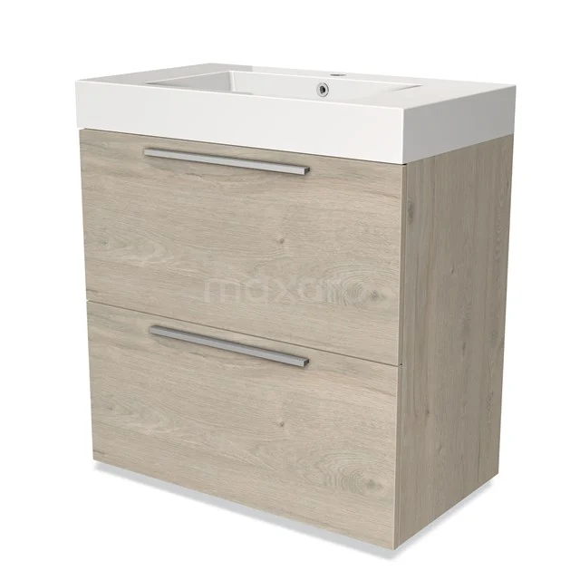 Wooden bathroom unit with two drawers and white basin, modern design, suitable for stylish bathroom storage.