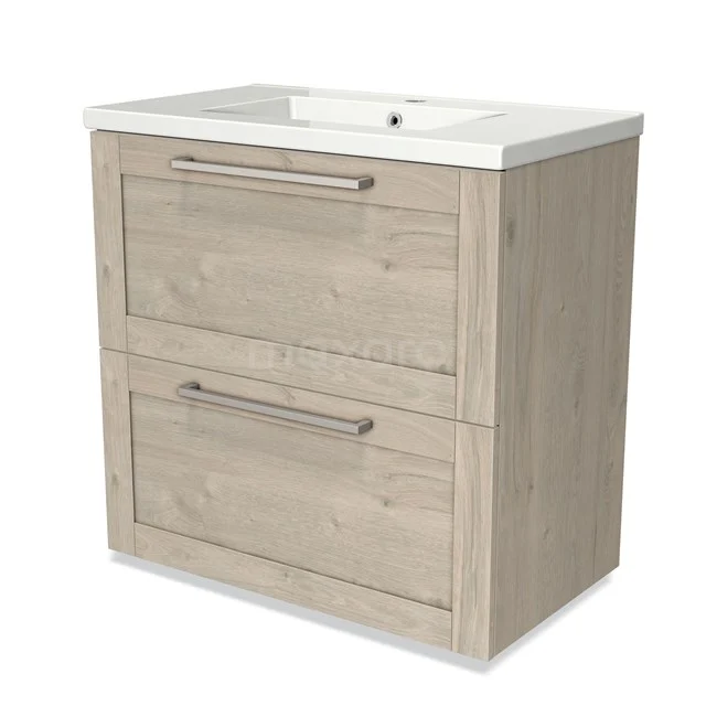 Modulo Vanity units with basin | 80 cm Light grey oak Frame front Ceramic 2 stacked drawers under each other BMW13-00345 Wooden vanity unit with two drawers, light wood colour, integrated basin and chrome handles, ideal for modern bathrooms.