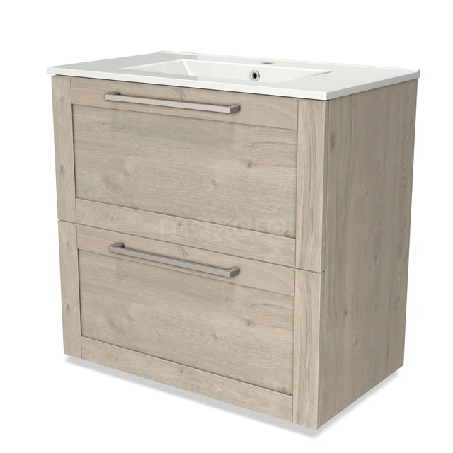 Wooden Bathroom unit with two drawers, light oak finish and ceramic basin; modern design for a stylish bathroom.