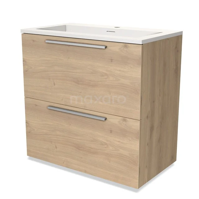 Holz-Badmöbel mit zwei Schubladen, heller Eiche-Farbe, integriertes Waschbecken und metallischen Haltegriffen für modernen Badezimmerstil.