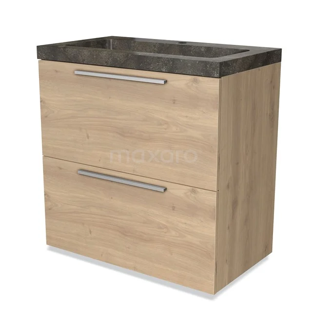 Wooden bathroom unit with 2 drawers, natural stone-look vanity units with basin and steel handles, modern design for stylish bathrooms.