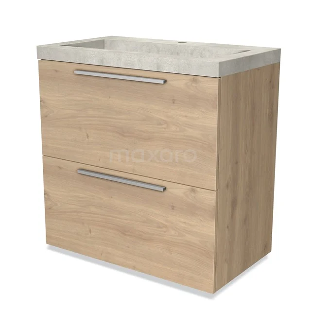 Holz-Badmöbel mit zwei Schubladen, heller Eichenoberfläche und integriertem Waschbecken aus Keramik für moderne Bäder.