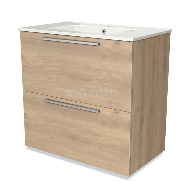 Wooden bathroom unit with two drawers, light Oak colour and white ceramic basin worktop, modern and space-saving design.