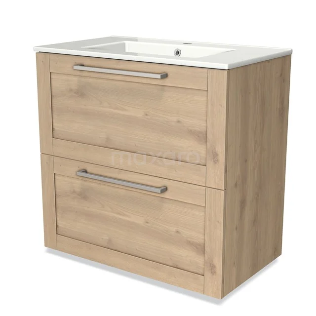 Holz-Badmöbel mit Waschbecken, 2 Schubladen und schlichten Haltegriffen, moderne Serie, ideal für ein stilvolles Badezimmer.