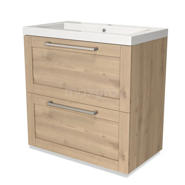 Modulo Vanity units with basin | 80 cm Light brown oak Frame front Mineral marble 2 stacked drawers under each other BMW13-00371 Wooden bathroom unit with two drawers, natural oak colour, including ceramic vanity units with basin and metal handles.