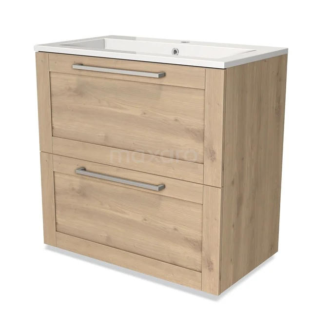Wooden bathroom unit with sink, two spacious drawers and modern handles; ideal for stylish bathroom storage.