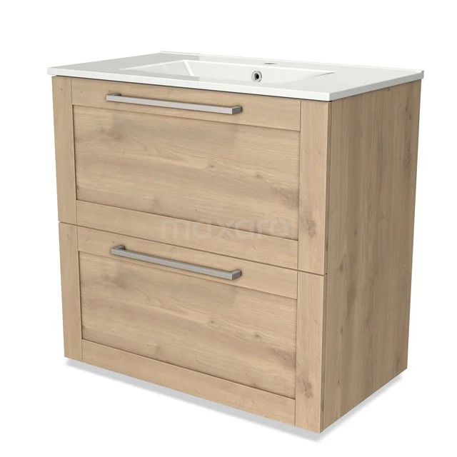 Wooden Bathroom unit, light oak, with two drawers and integrated basin; stylish and functional for modern bathrooms.