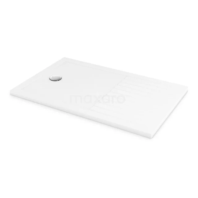 Rectangular white shower tray made of ceramic, with drain on the left, sleek design ideal for modern bathrooms.