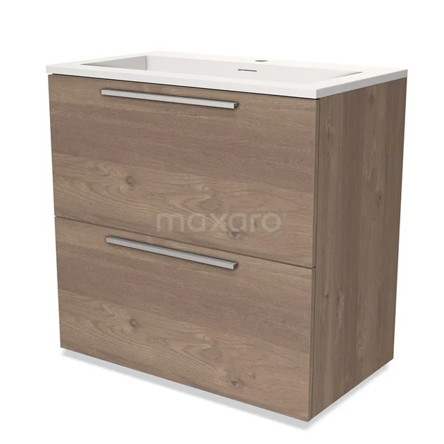 Wooden bathroom unit with sink, two drawers and metal handles, natural look, ideal for modern bathrooms.