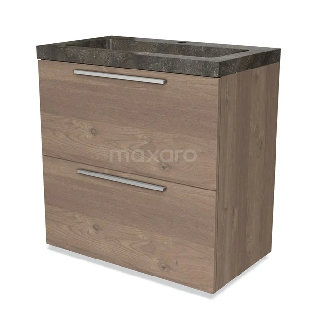 Wooden bathroom cabinet with two drawers and a dark grey stone basin worktop, ideal for modern bathroom set-ups.