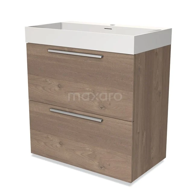 Wooden bathroom unit with basin, two drawers and sleek design; perfect for a modern bathroom design.