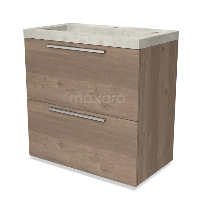 Wooden bathroom unit with two drawers, natural look, Stainless steel handles and a grey stone composite basin worktop.