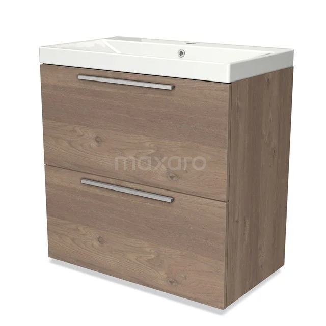 Wooden bathroom unit with two drawers, steel handles and white ceramic basin, ideal for modern bathrooms.