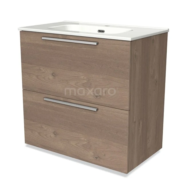 Wooden bathroom unit with basin, two drawers and modern metal handles, ideal for stylish bathroom decor.