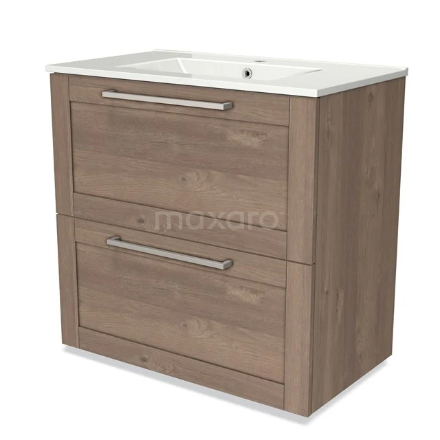 Modulo Vanity units with basin | 80 cm Mid brown oak Frame front Ceramic 2 stacked drawers under each other BMW13-00413 Wooden bathroom unit with two drawers and ceramic basin, modern design in light oak colour.