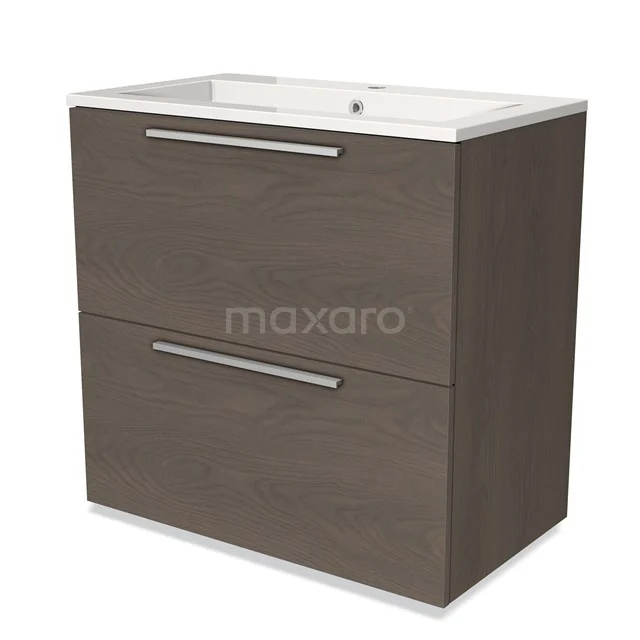 Brown vanity set with two drawers, sleek wooden finish and white basin; ideal for modern bathroom design.