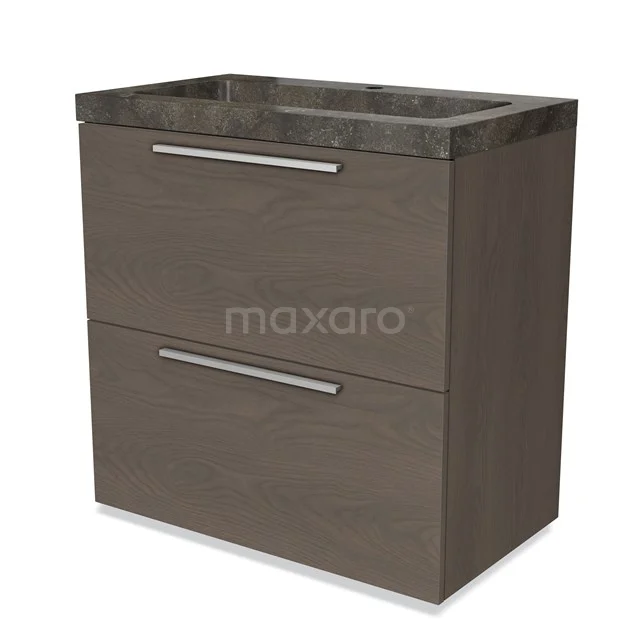 Wooden bathroom unit with dark marble basin, two wide drawers and metal handles, ideal for modern bathroom storage.