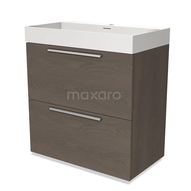 Modern bathroom cabinet with dark wood finish, white basin and double basin drawers, ideal for stylish bathroom storage.
