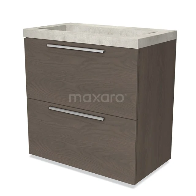 Double bathroom unit in modern design, brown wood veneer with two drawers and white mineral marble basin worktop.