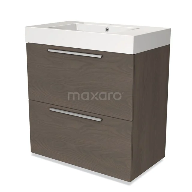 Wooden bathroom unit with two drawers, white ceramic basin and metal handles, modern design.