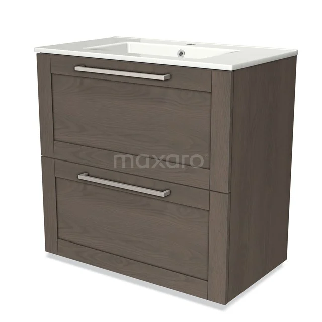 Modern wooden vanity units with basin, two drawers and metal handles. Perfect for stylish bathroom storage.