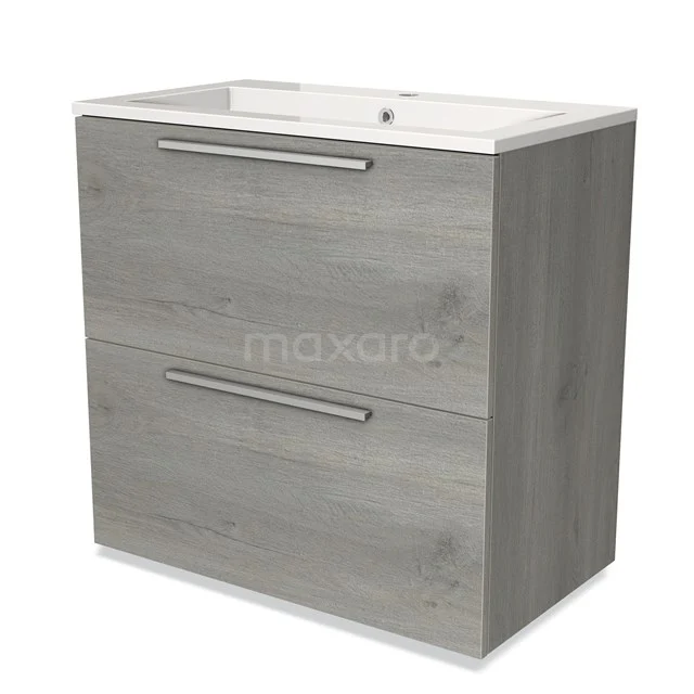 Grey wooden bathroom unit with two soft-close drawers and ceramic basin, ideal for a modern bathroom design.