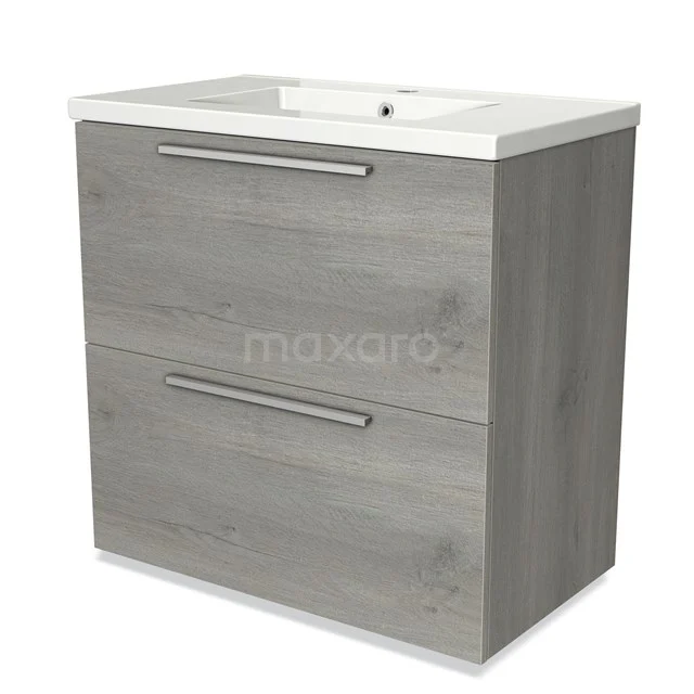 Modulo Bathroom furniture with sink | 80 cm Grey oak Flat front Ceramic 2 stacked drawers under each other BMW13-00457 Grey bathroom furniture set with two drawers and white basin, finished in wood look for a modern and stylish bathroom.