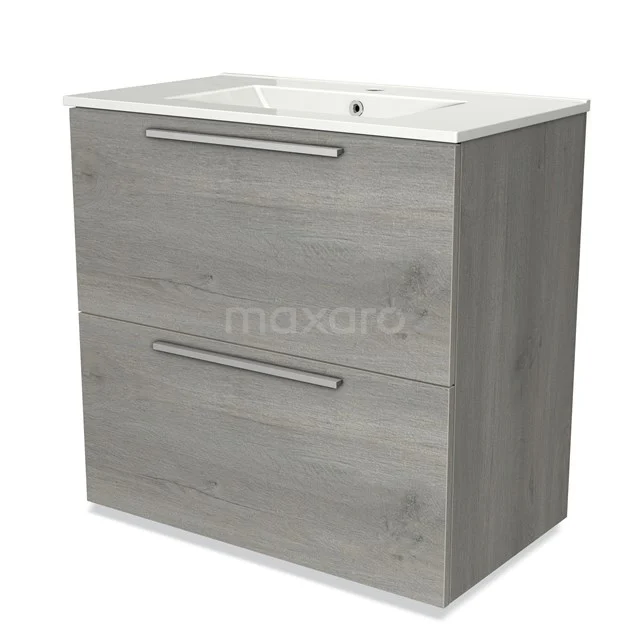 Grey bathroom furniture set with two drawers, wood-look finish and integrated basin for a modern bathroom style.