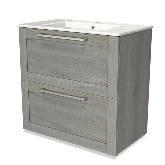 Grey wooden bathroom unit with two drawers and built-in white vanity units with basin, ideal for a modern bathroom space.