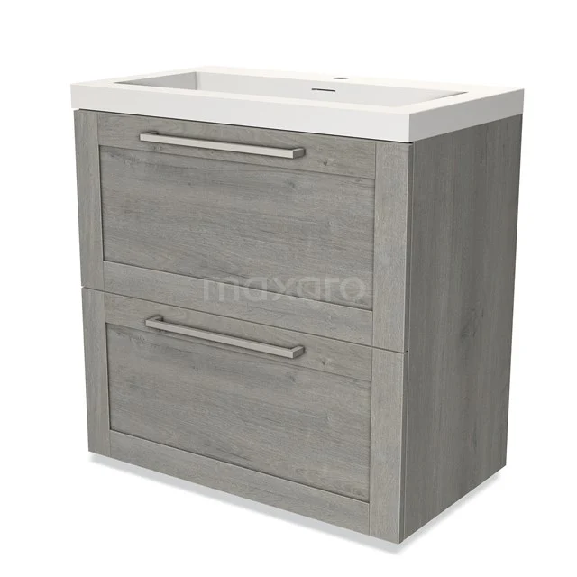 Grey wooden vanity unit with two drawers and chrome handles, perfect for a modern bathroom design.