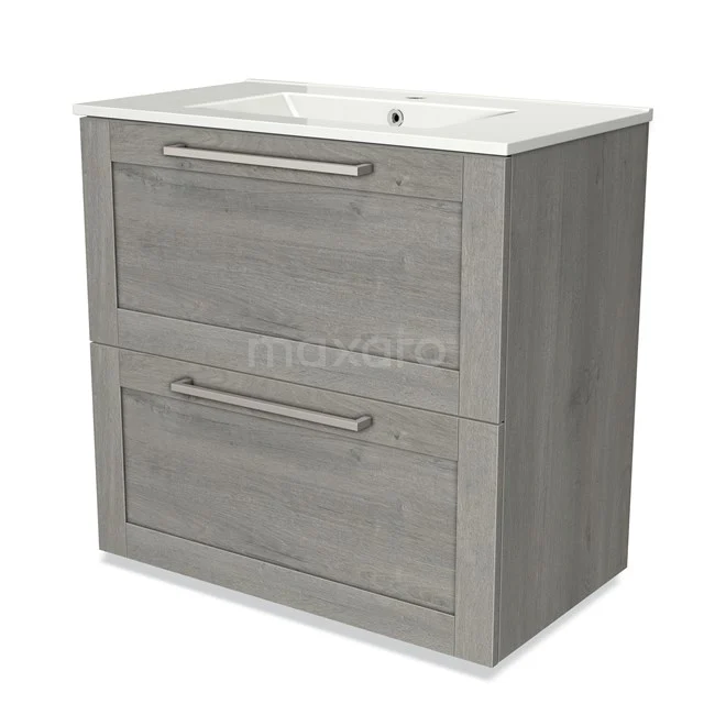 Grey wooden vanity unit with two drawers and ceramic basin, perfect for a modern bathroom design.