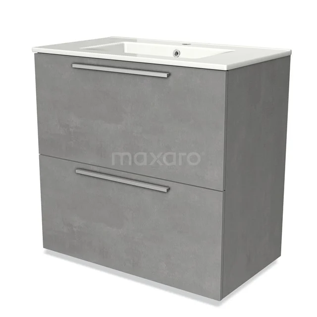 Grey bathroom unit with two drawers, modern design, concrete-look finish and built-in vanity units with basin. Suitable for bathrooms.