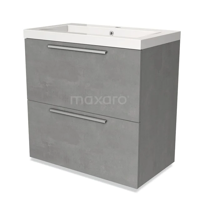 Grauer Badschrank mit zwei Schubladen, Betonlook, integriertes Waschbecken, modernes Design, ideal für kompakte Badezimmer.