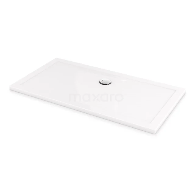 Rechteckige weiße Duschwanne mit eingebautem Abfluss, hergestellt aus robustem Acryl; ideal für ein modernes Badezimmer.