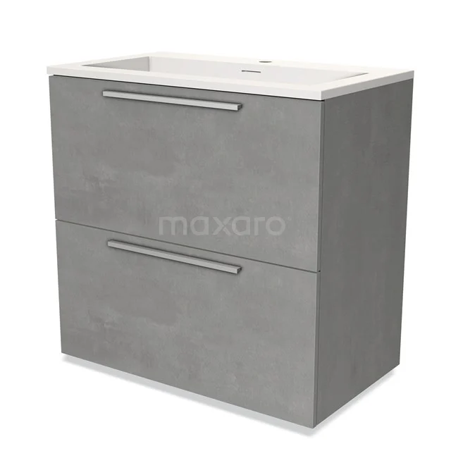 Grey vanity set with two drawers, matt concrete effect, metal handles, and white ceramic basin worktop.